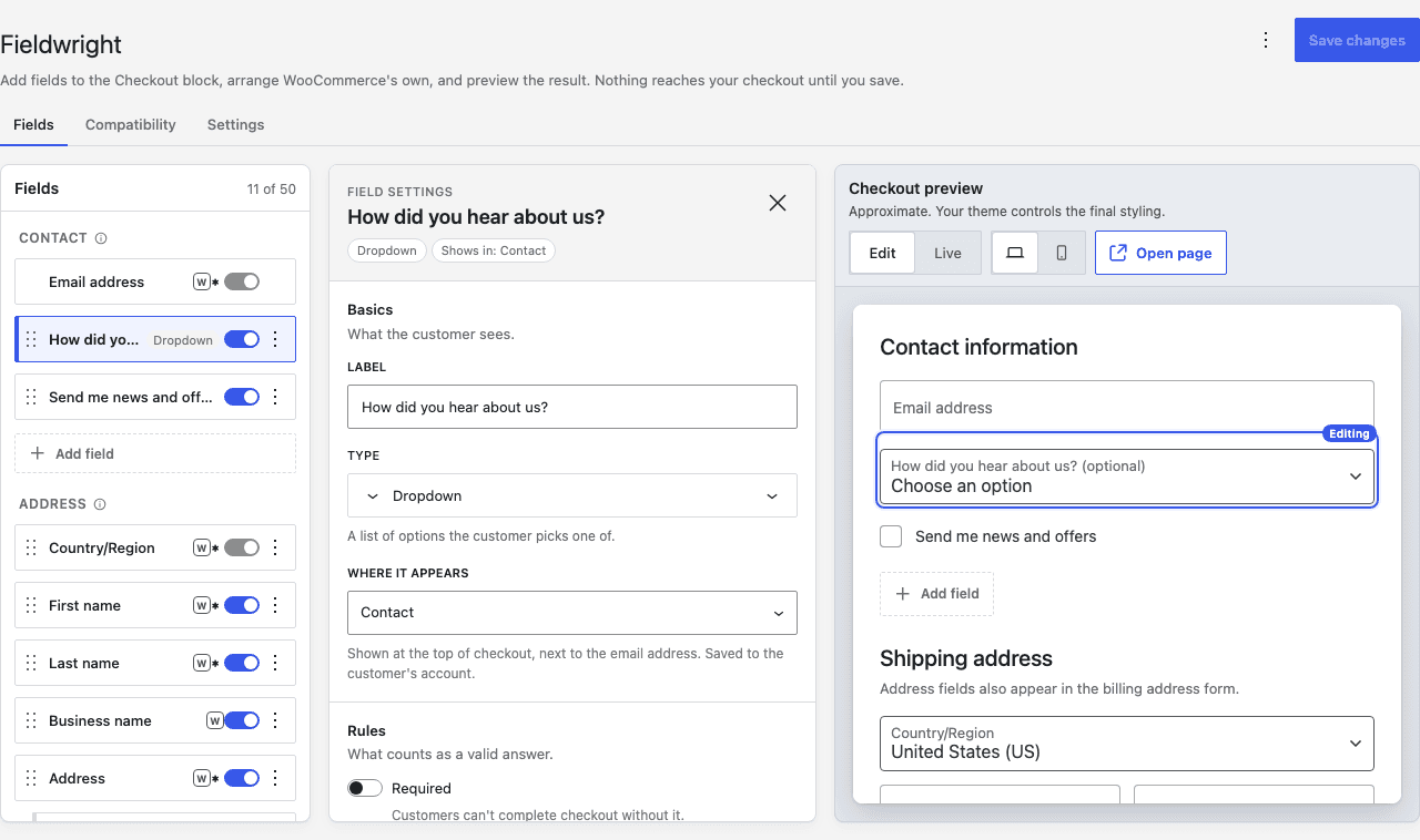 The Fieldwright builder: a list of every checkout field on the left, the settings for the selected field in the middle, and a live preview of the Checkout block on the right.