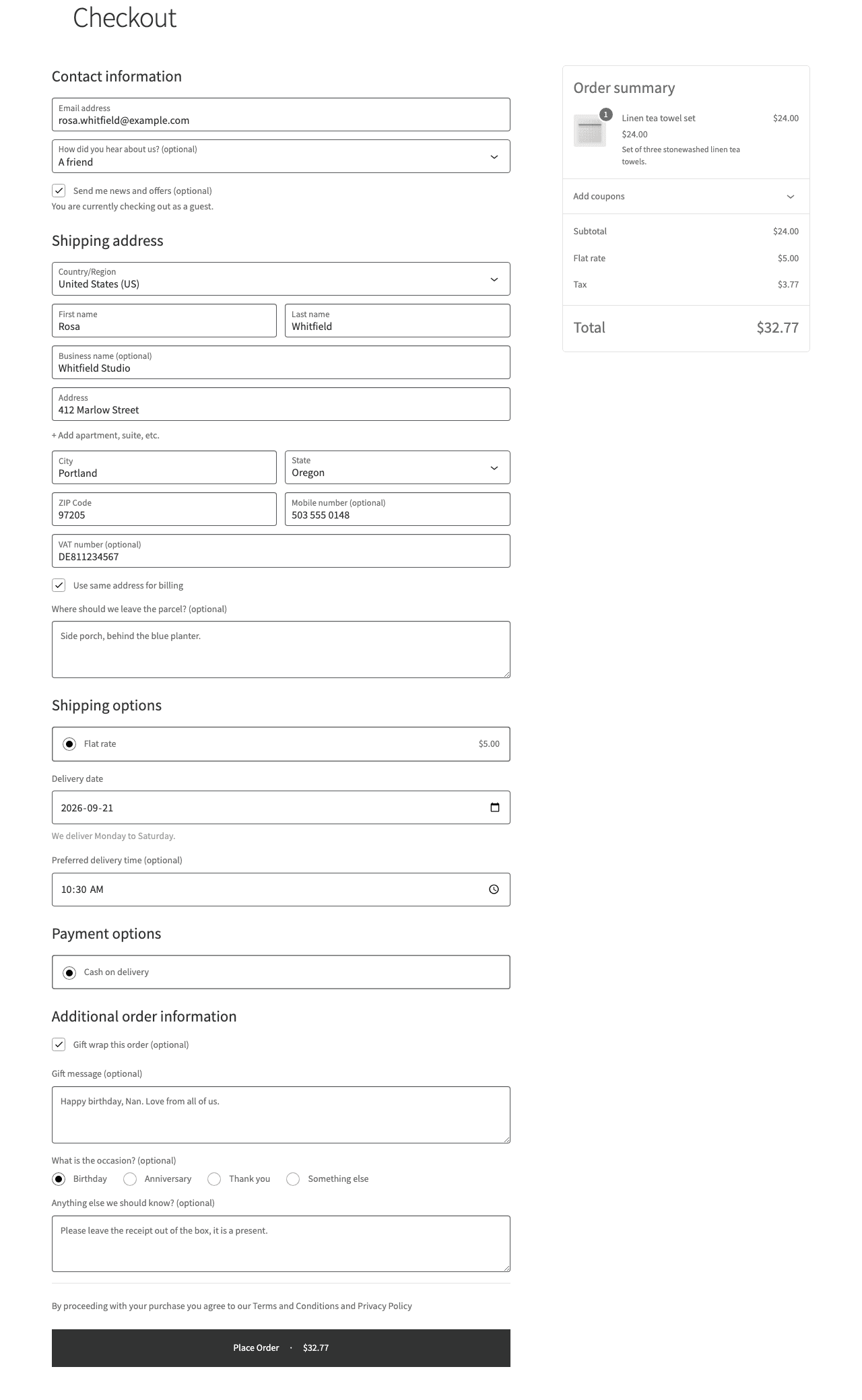 A WooCommerce Checkout block with fields added by Fieldwright: a dropdown in the contact section, a VAT number in the address, delivery date and time after the shipping options, and gift options in the order information section.