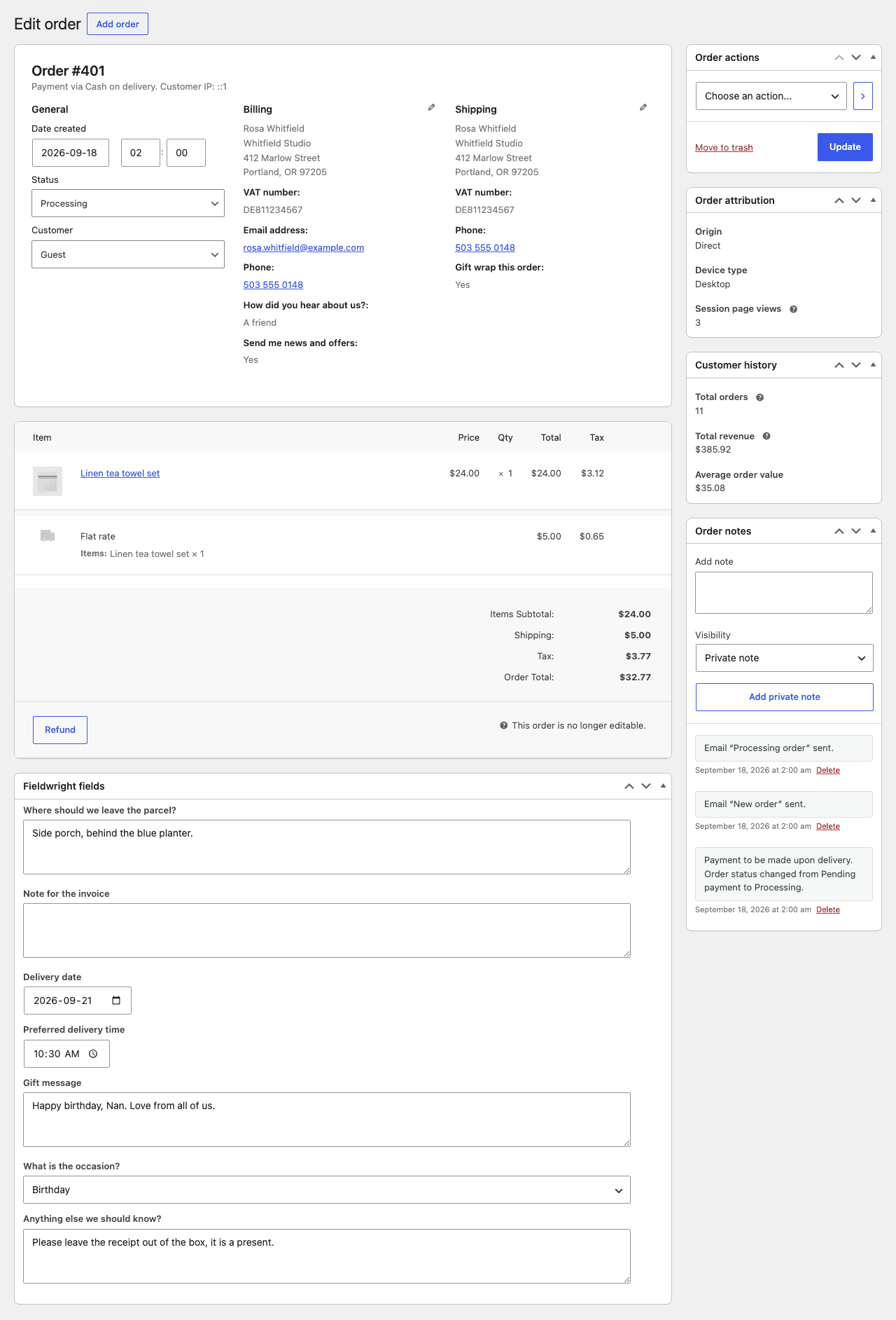 The WooCommerce order screen with the customer's answers beside the billing and shipping addresses, and a Fieldwright fields box where the long answers can be edited.