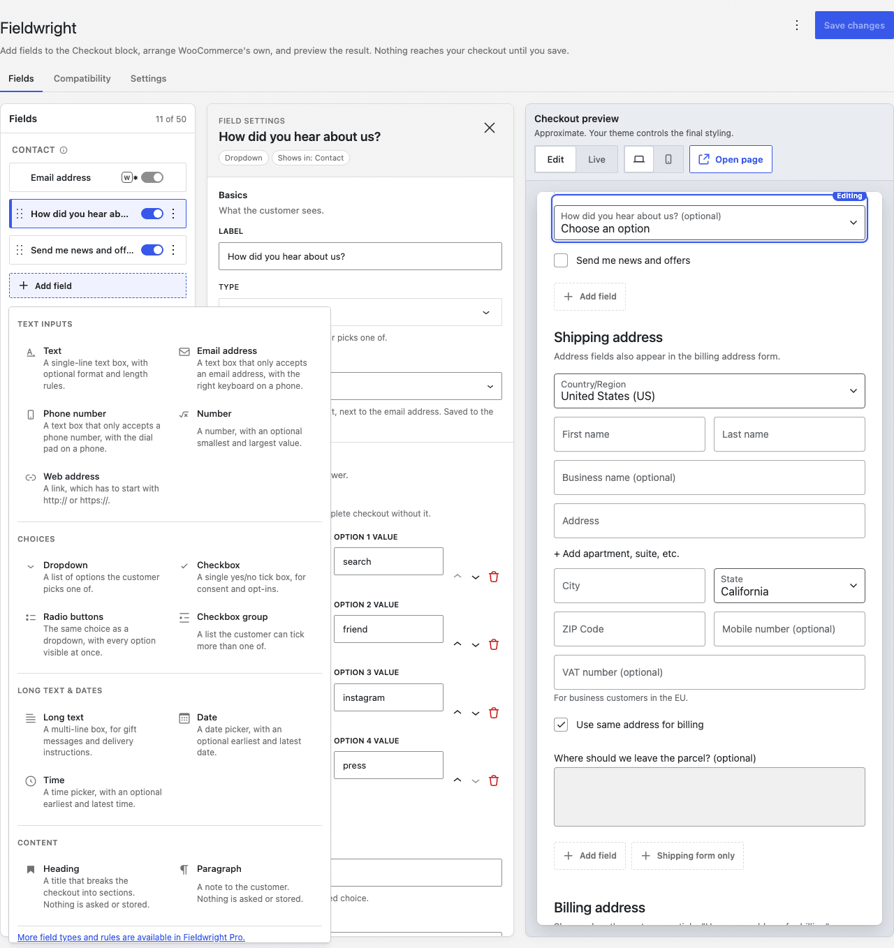 The Fieldwright type picker open over the builder, listing text inputs, choices, long text and dates, and content types.